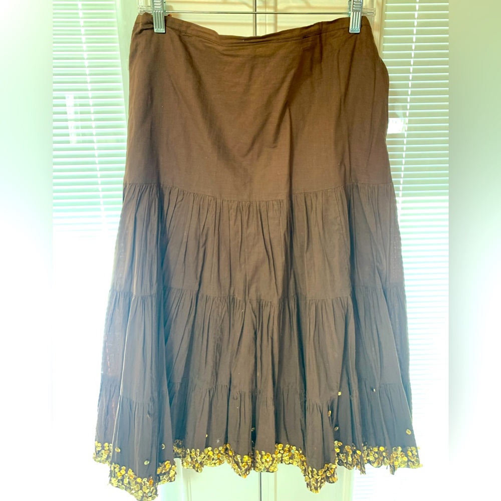 Cha Cha Vente Peasant Skirt with Gold Sequins | Women’s Size Large navy peplum